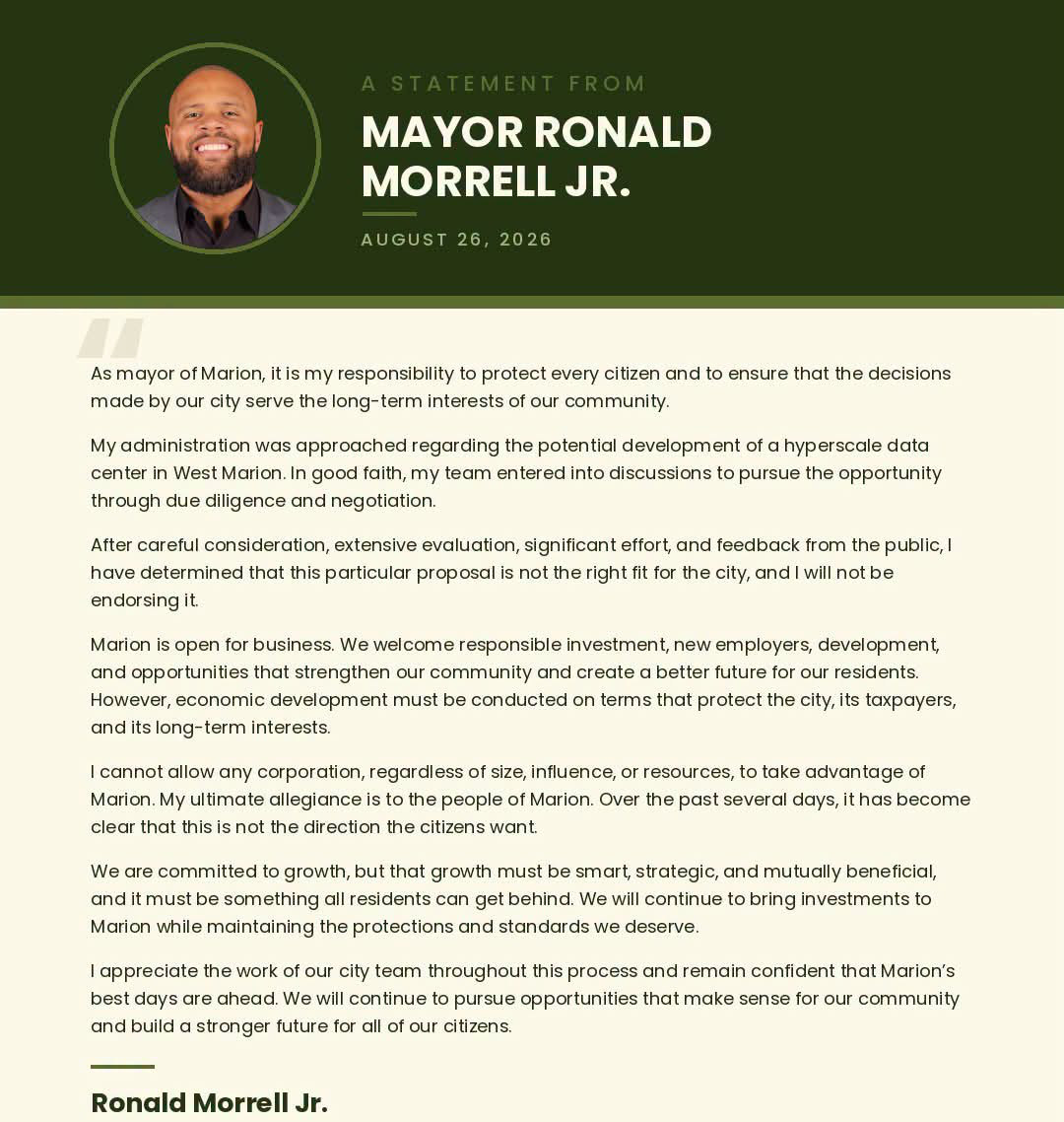 Page 1 of the Mayor Ronald Morrell Jr., public statement