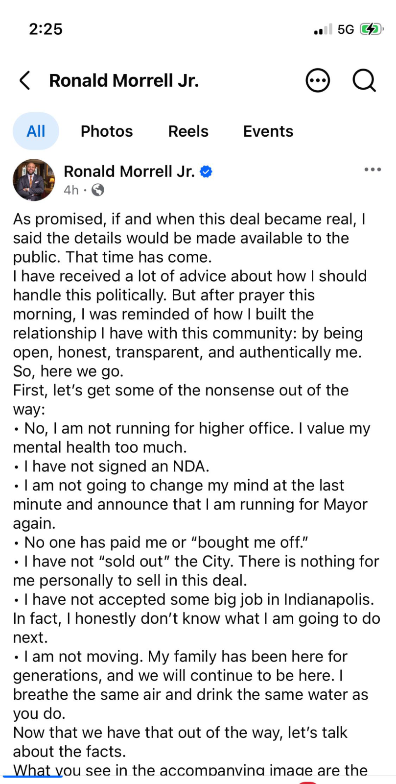 Page 1 of the Mayor Ronald Morrell Jr., public statement