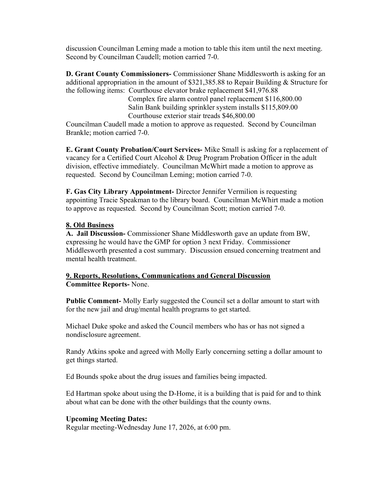 Page 2 of the Grant County Council minutes