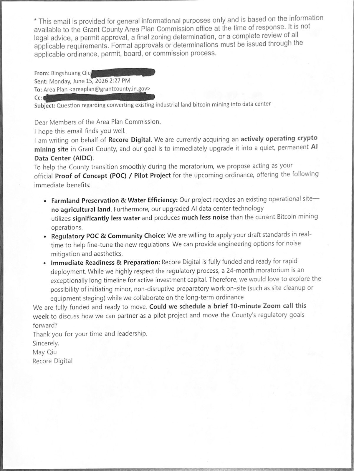 Page 2 of the Recore Digital email to the Area Plan Commission