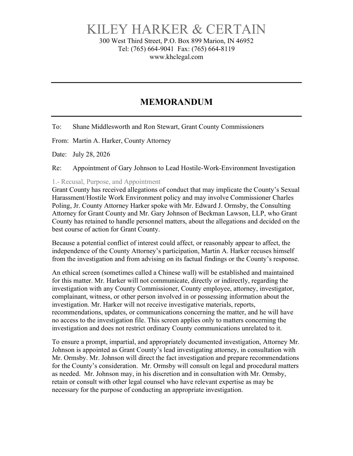Page 1 of the County attorney memorandum appointing the investigation, July 28, 2026