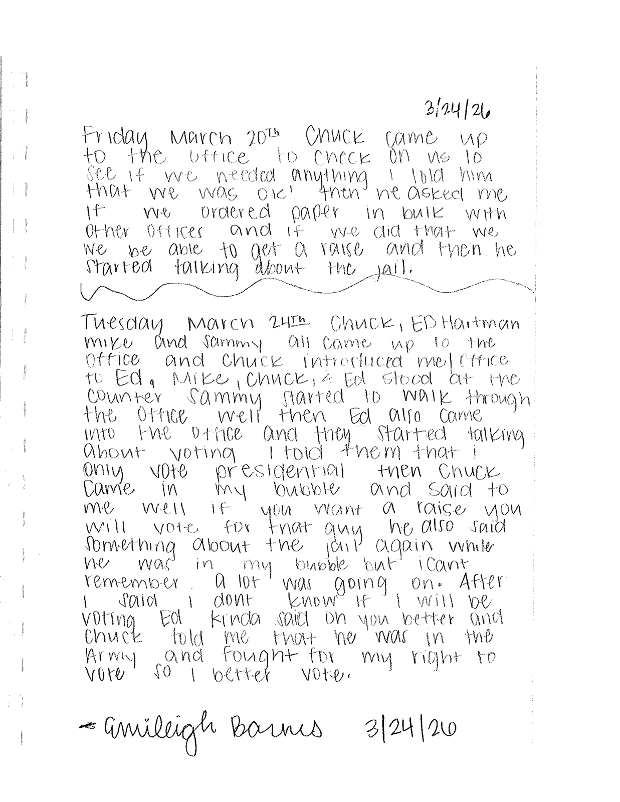 Page 1 of the Handwritten statement of March 24, 2026, page 1