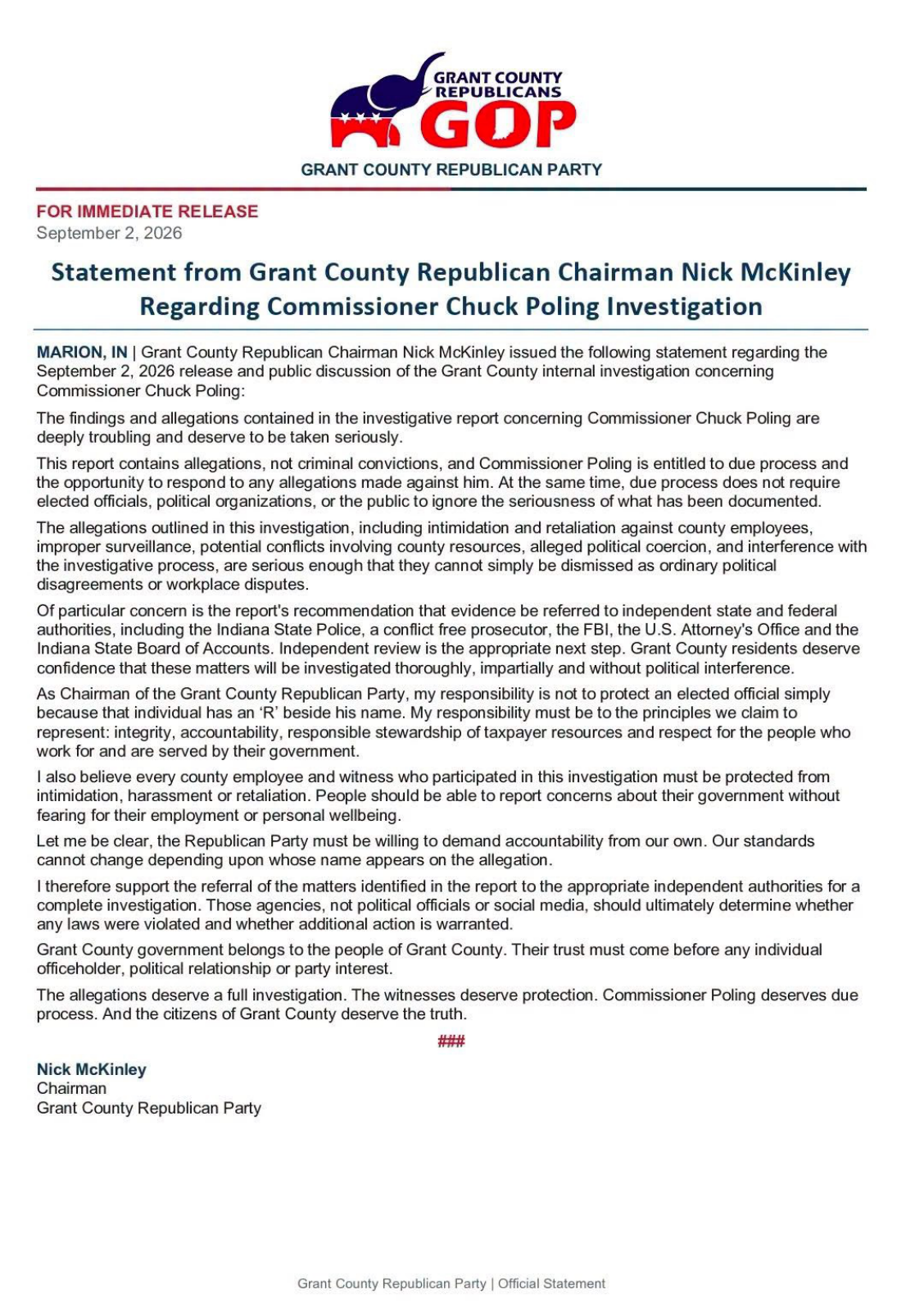 Page 1 of the Grant County Republican Party statement, September 2, 2026