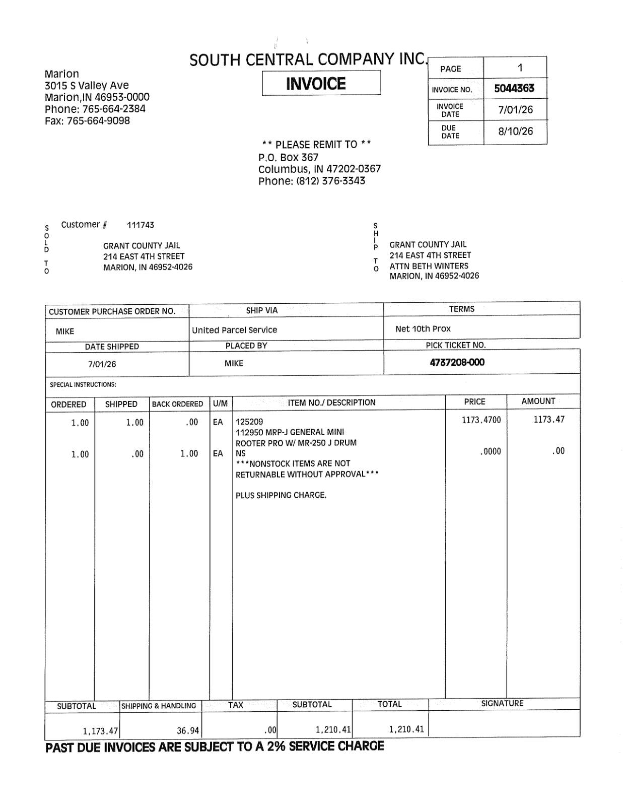 Page 1 of the Invoice for a General Mini-Rooter Pro drain machine, July 1, 2026