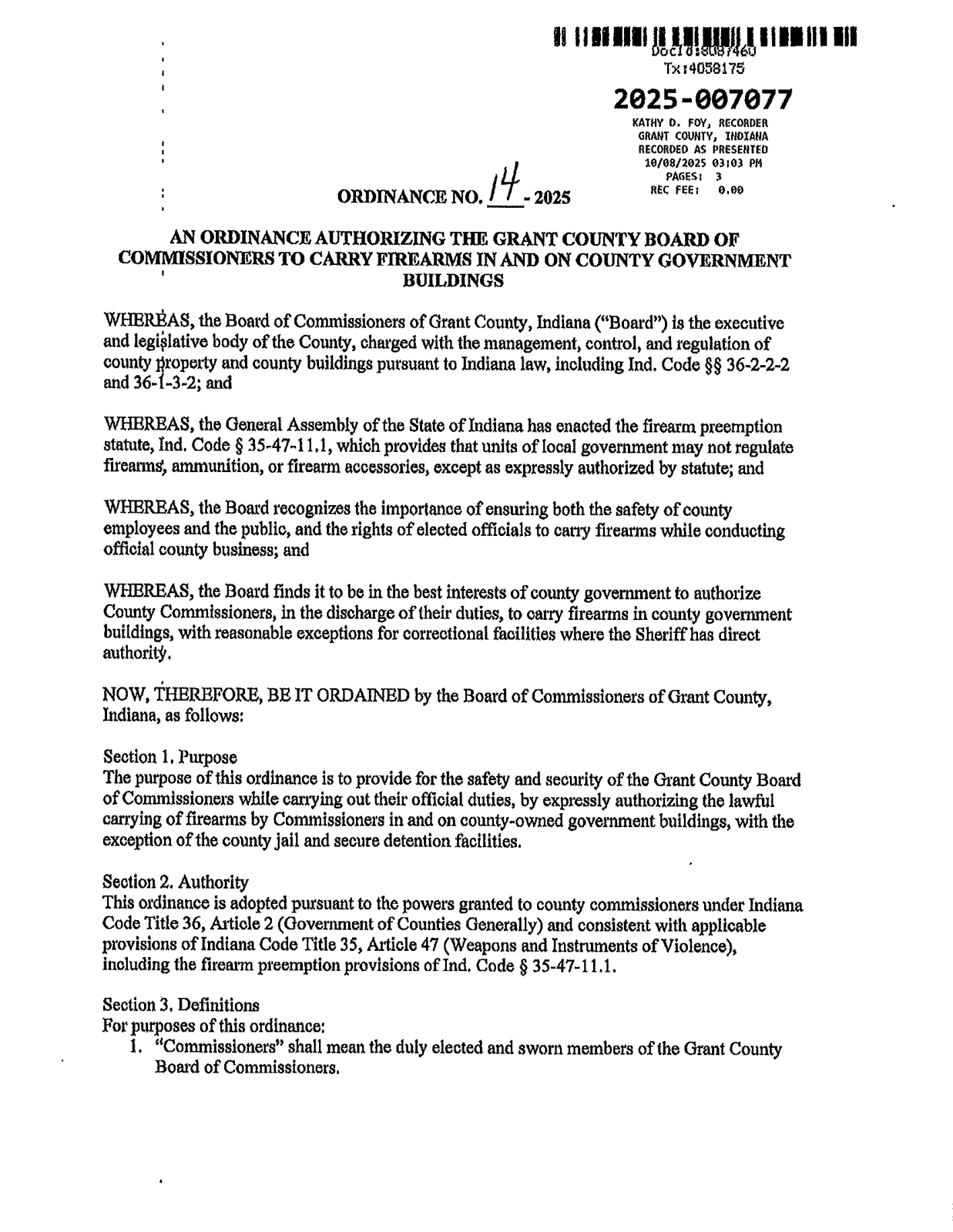 Page 1 of the Grant County Ordinance 14-2025