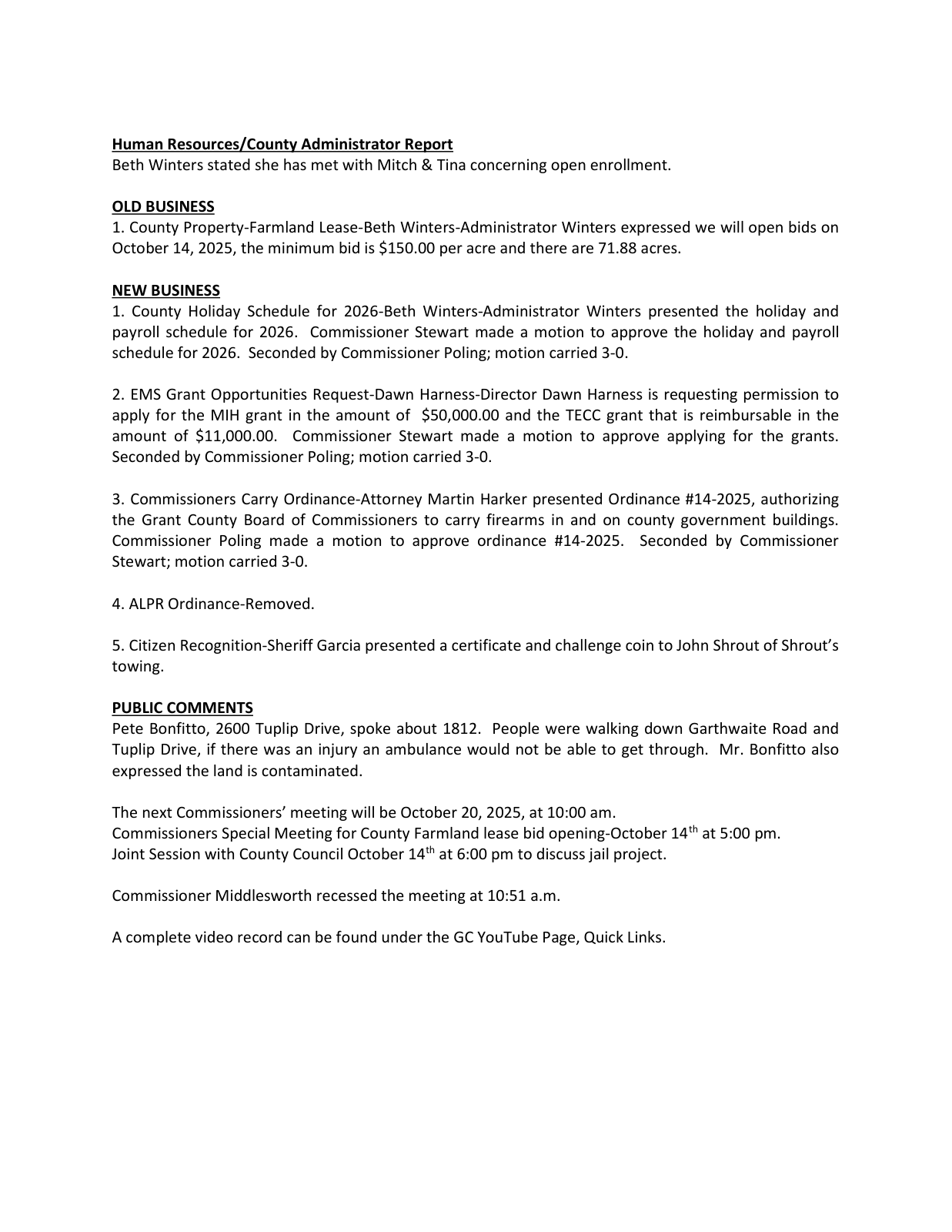 Page 3 of the Grant County Commissioners minutes, October 6, 2025, page 3