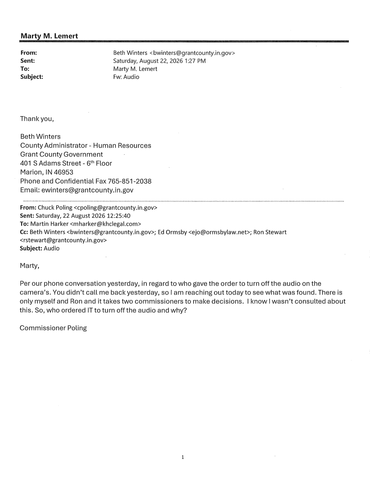 Page 1 of the Email from Commissioner Poling to the county attorney, August 22, 2026