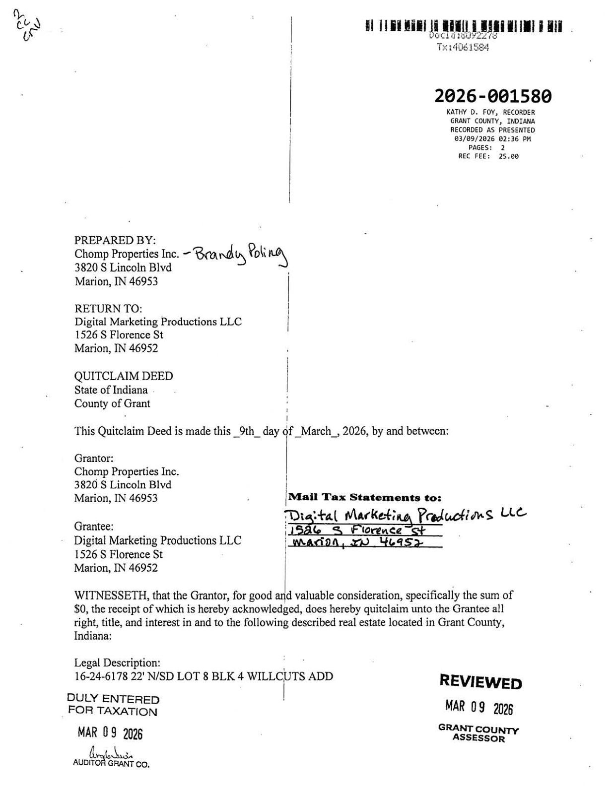 Page 1 of the Quitclaim deed recorded March 9, 2026