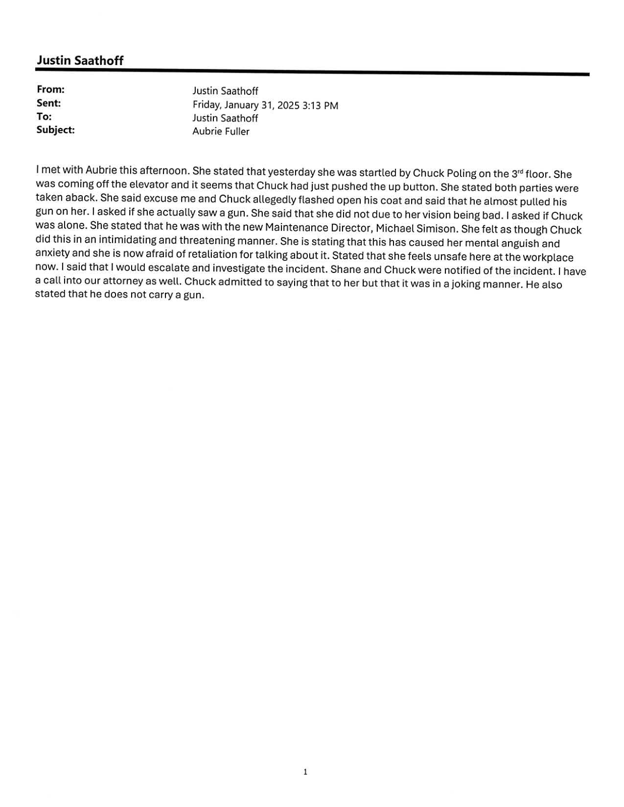 Page 1 of the Justin Saathoff, note to file, January 31, 2025