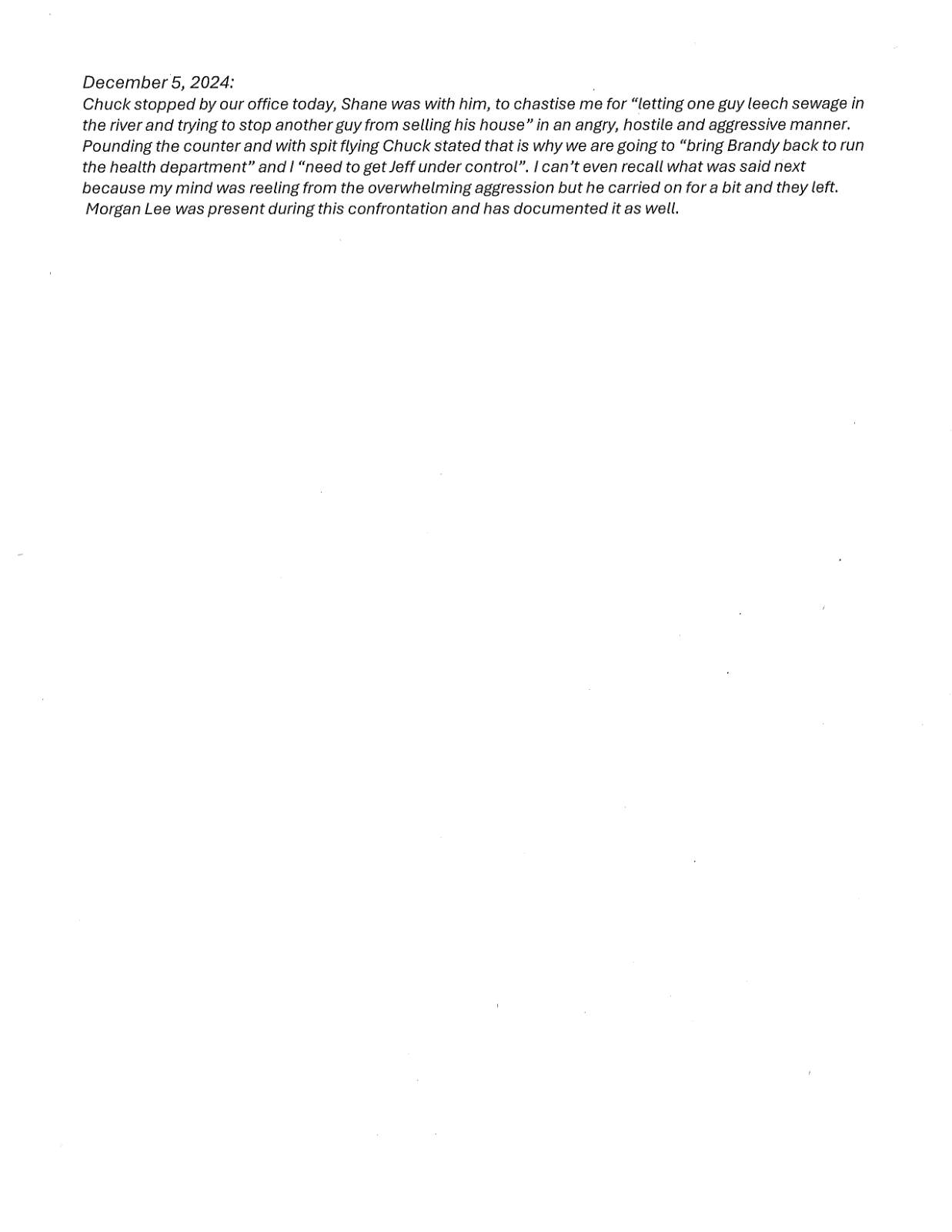 Page 1 of the Health department administrator's documentation, page 1: December 5, 2024