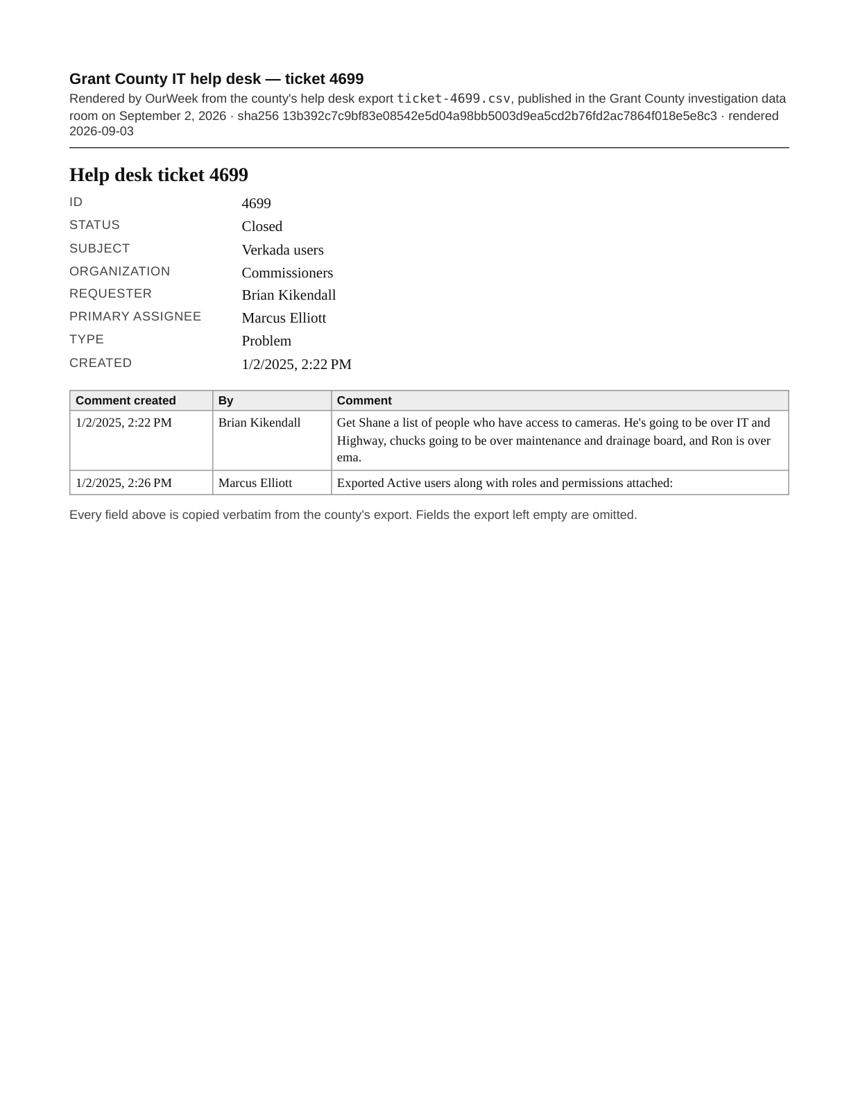 Page 1 of the Help desk ticket 4699