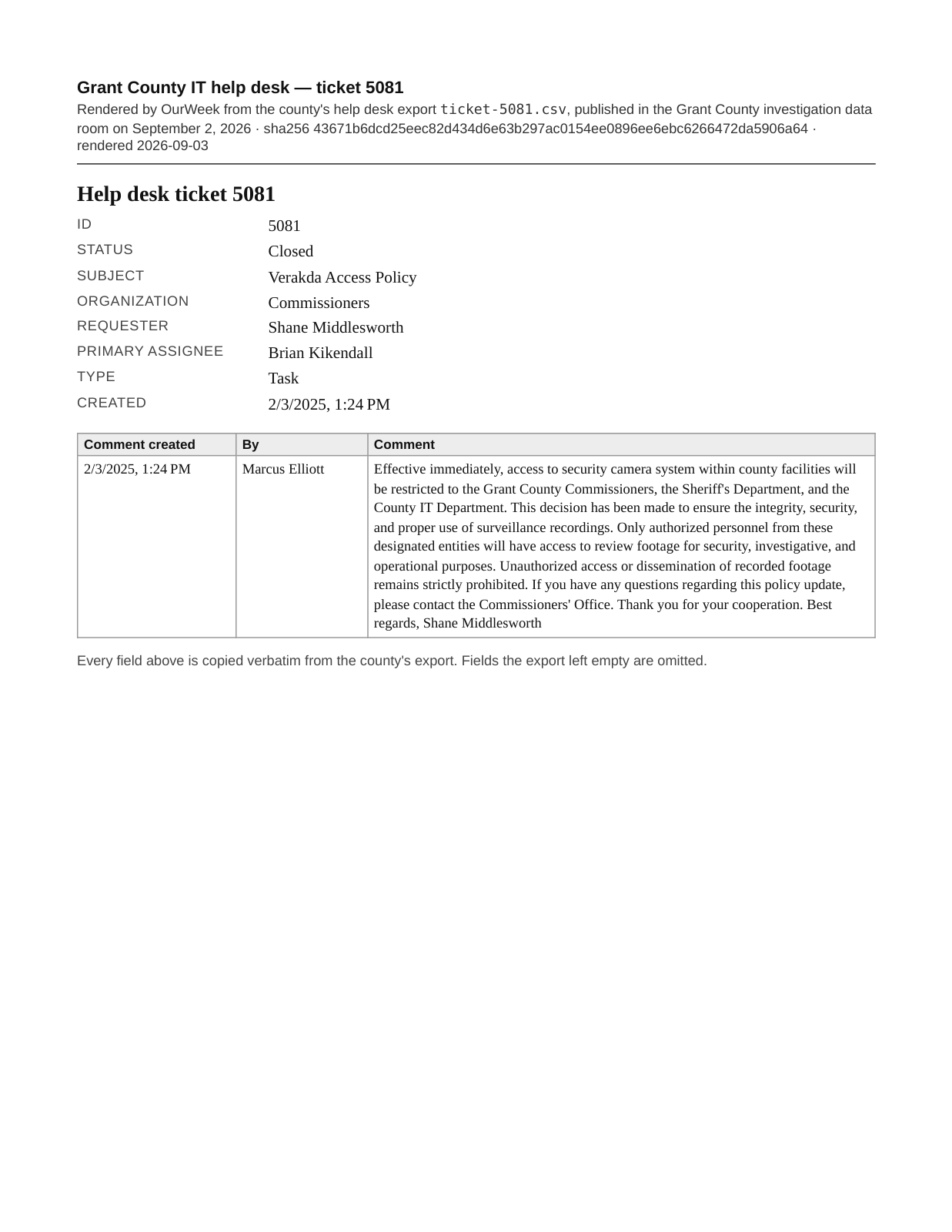 Page 1 of the Help desk ticket 5081