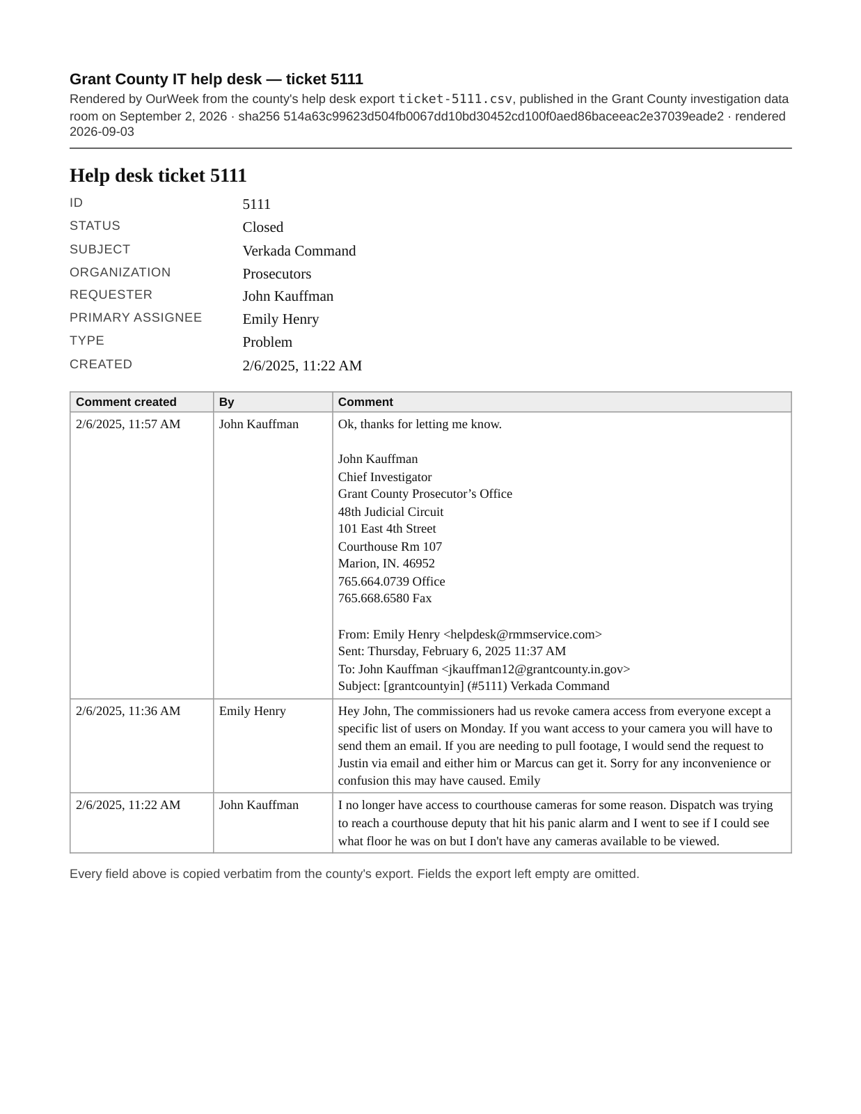Page 1 of the Help desk ticket 5111