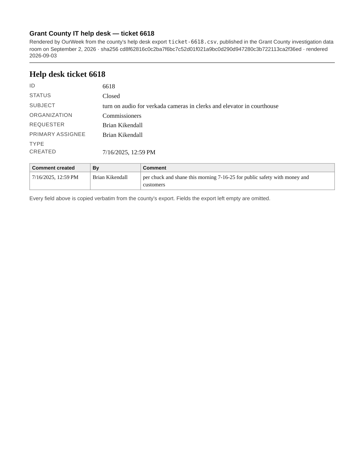 Page 1 of the Help desk ticket 6618