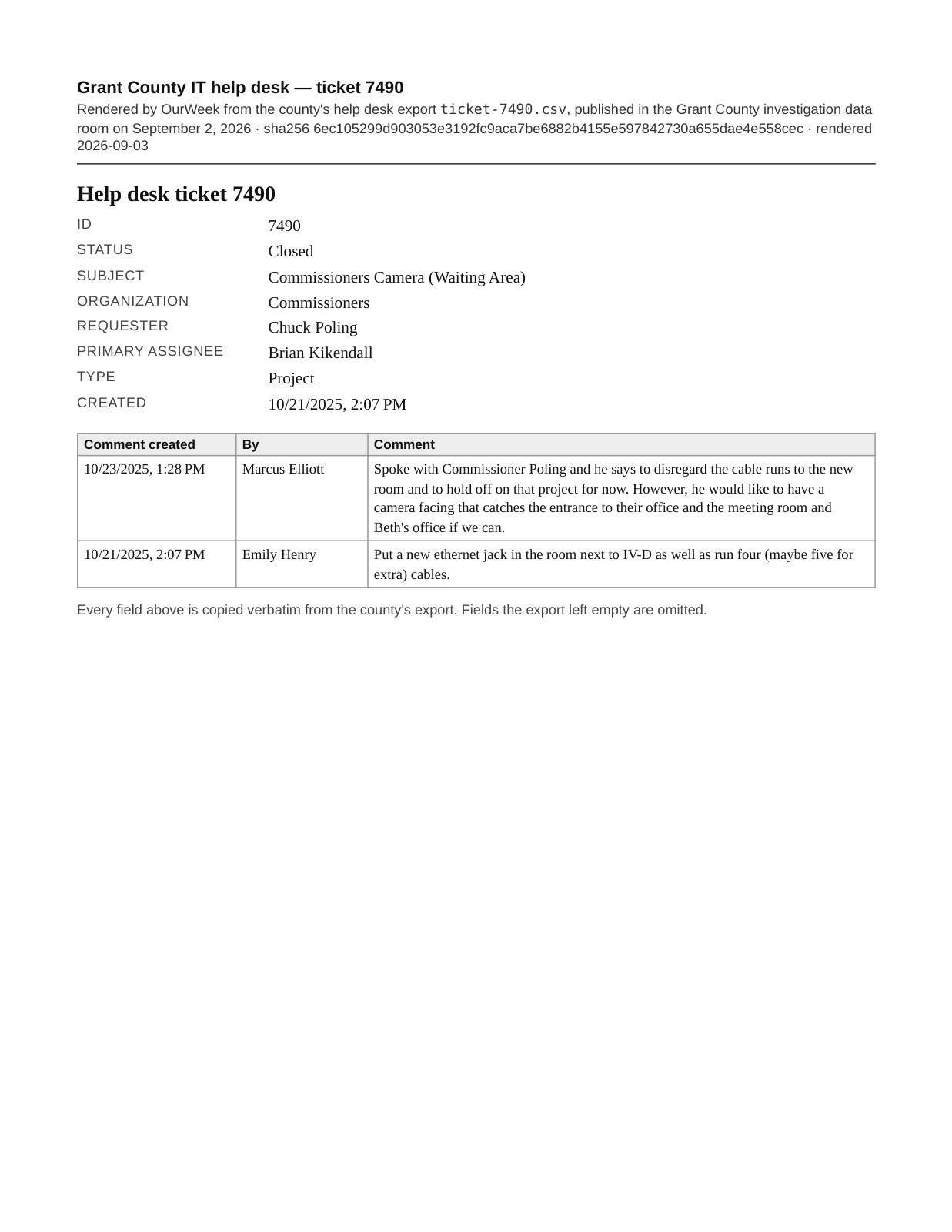 Page 1 of the Help desk ticket 7490