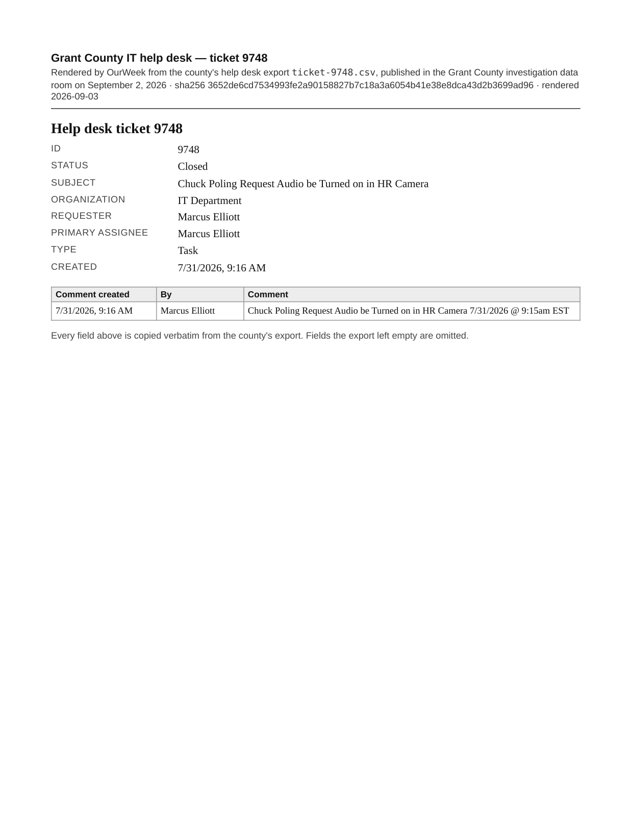 Page 1 of the Help desk ticket 9748