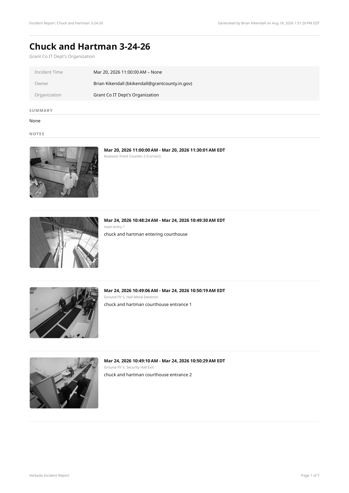 Page 1 of the Camera system incident report, page 1 of 7, inside the county's archive of the March 24 footage