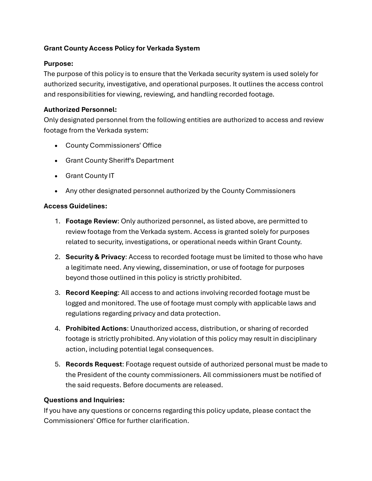 Page 1 of the Grant County access policy for the Verkada system