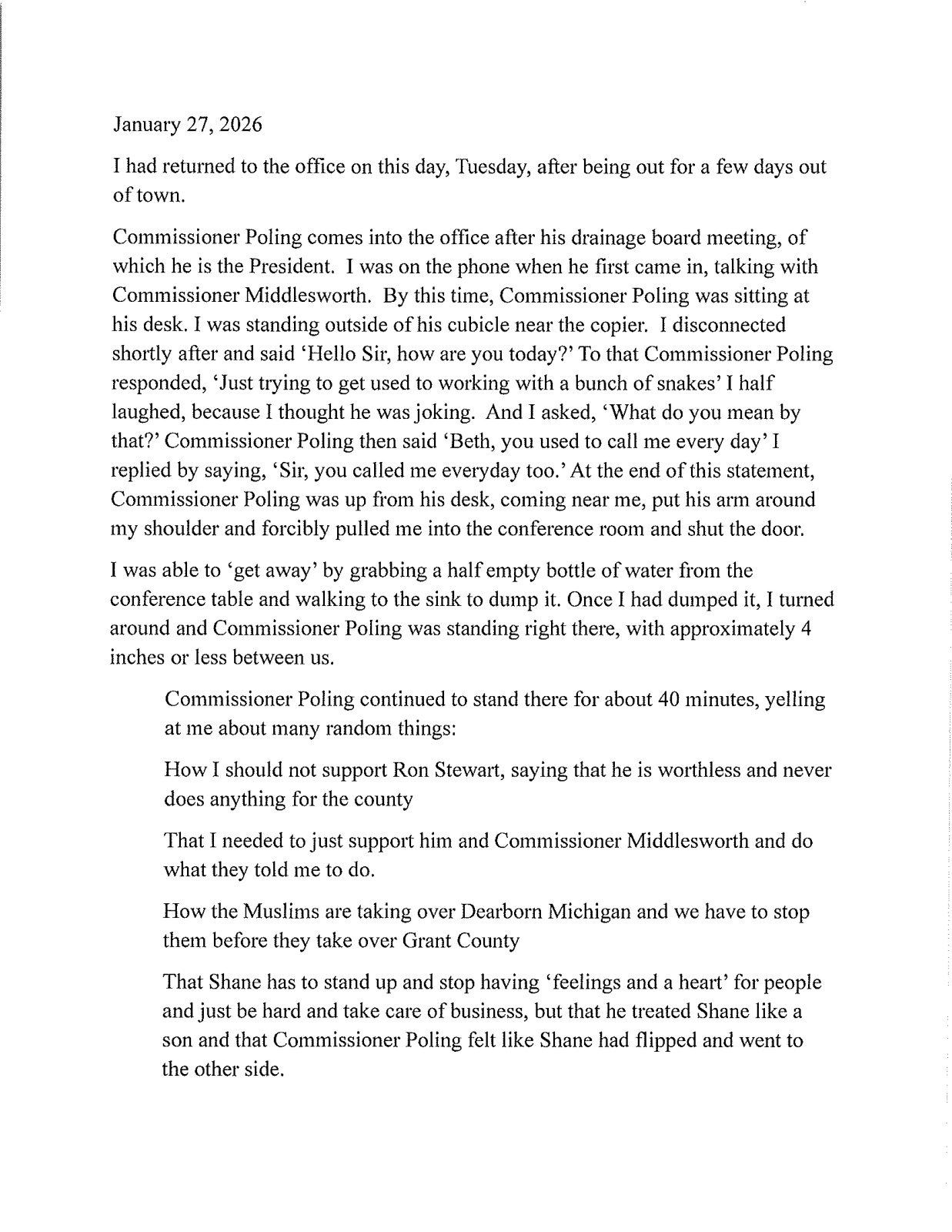 Page 1 of the Beth Winters, written statement dated January 27, 2026
