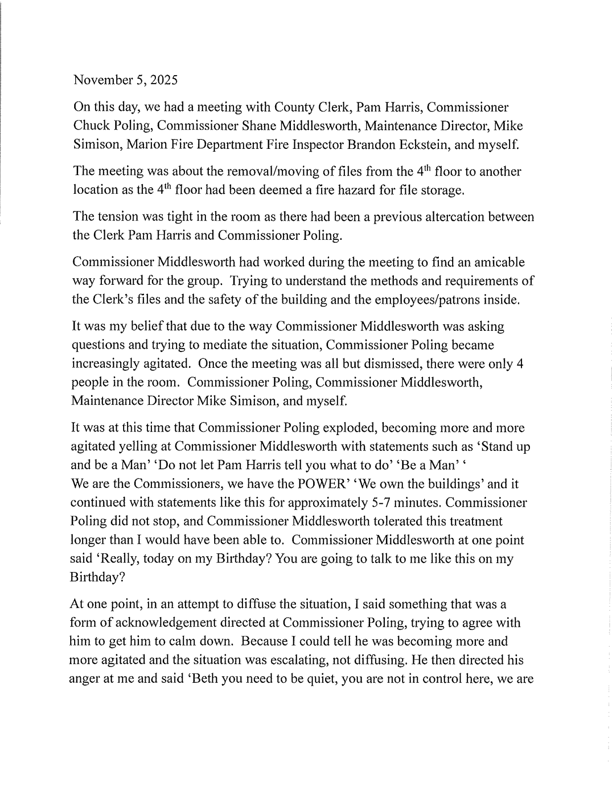 Page 1 of the Beth Winters, written statement dated November 5, 2025