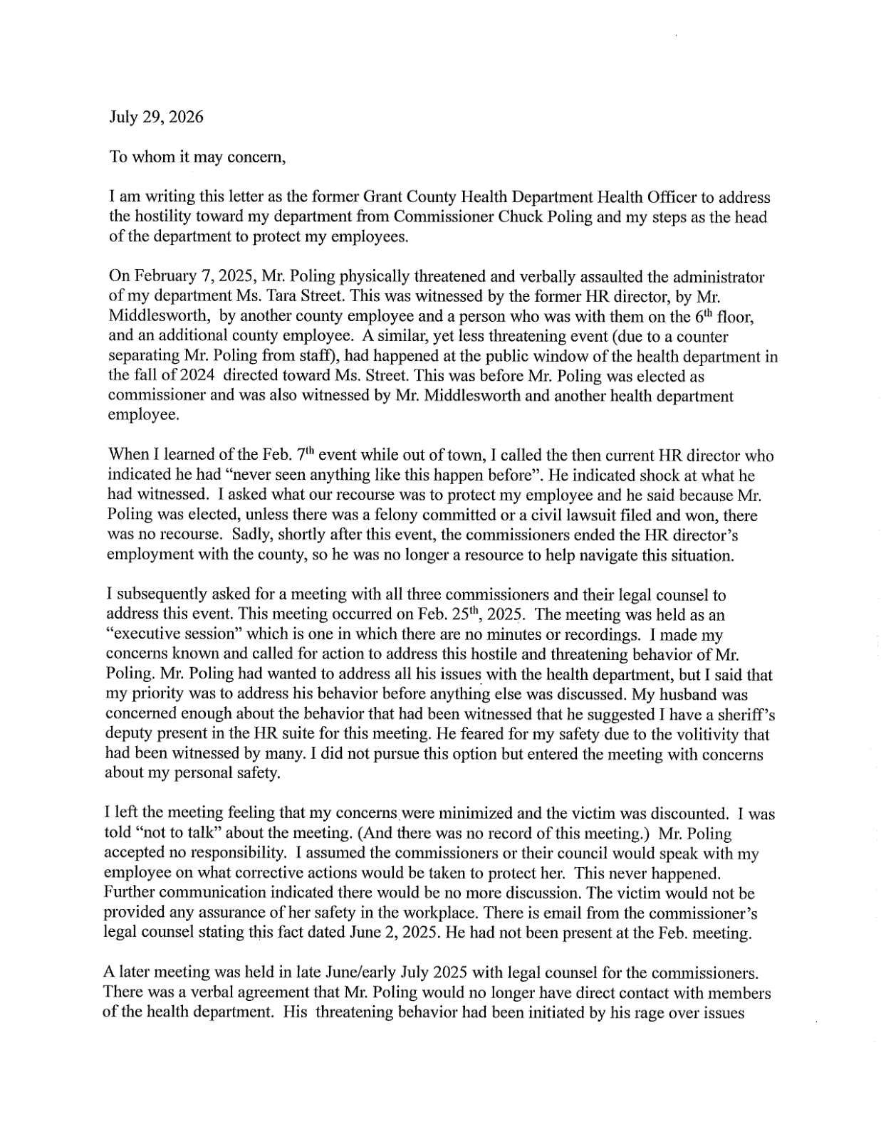 Page 1 of the Dr. Brenda Woods, former county health officer, letter of July 29, 2026
