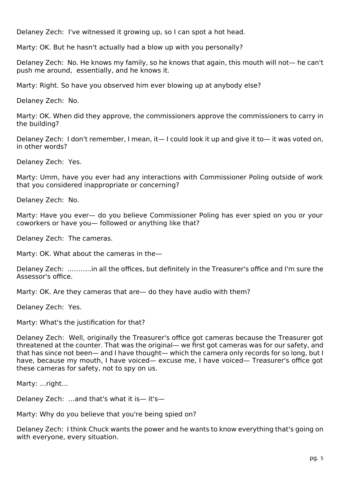 Page 5 of the Interview transcript, former treasurer's office employee, page 5 of OurWeek's PDF rendering