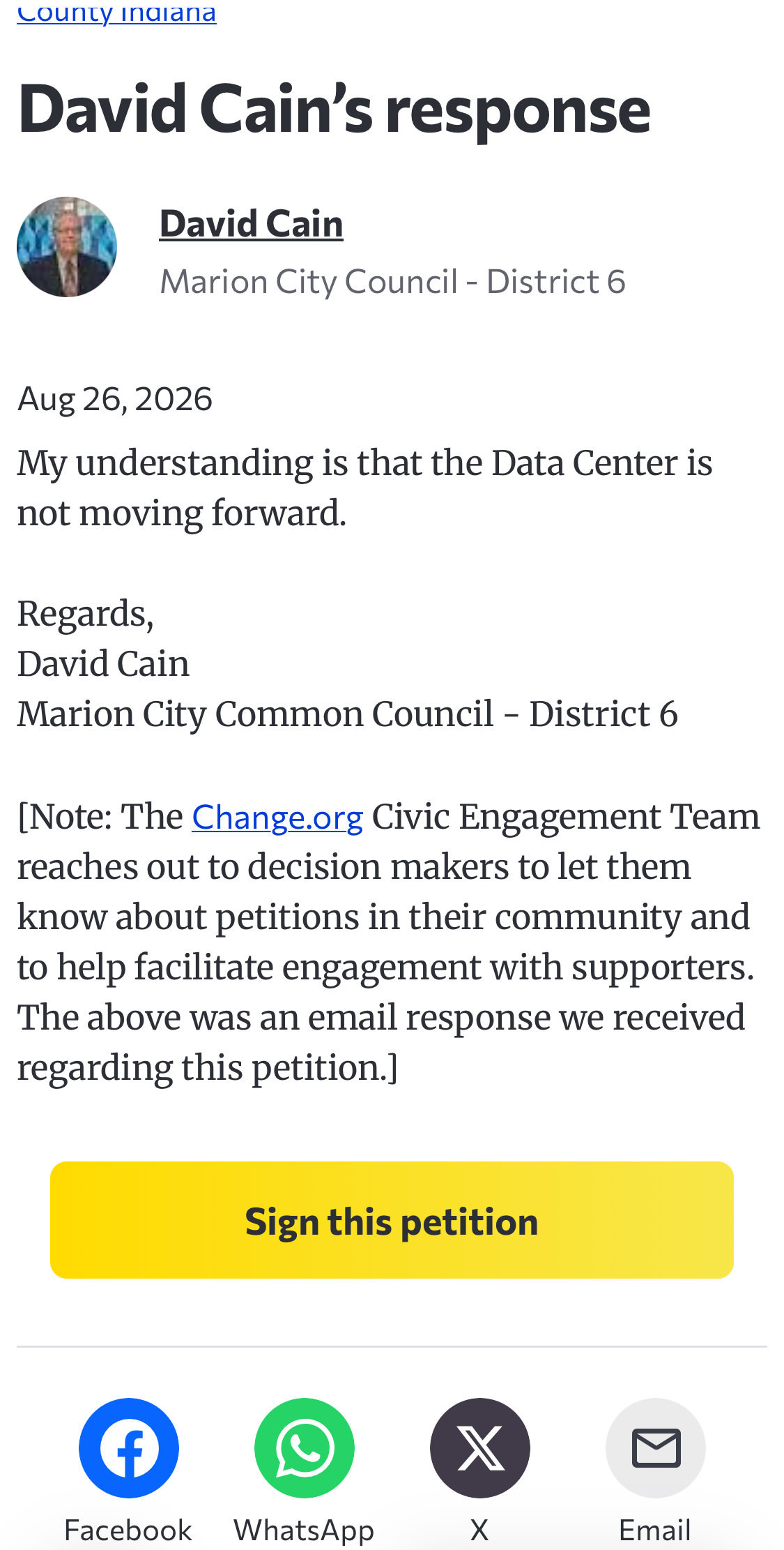 Page 1 of the Response to a Change.org petition